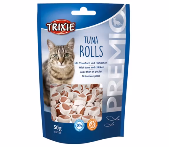 Framsidan av PREMIO Tuna Rolls, ett riktigt gott kattgodis med smak av tonfisk.