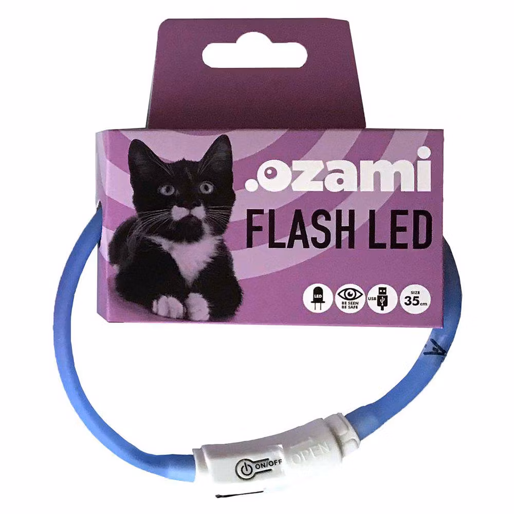 Ett blått LED-halsband för katter.