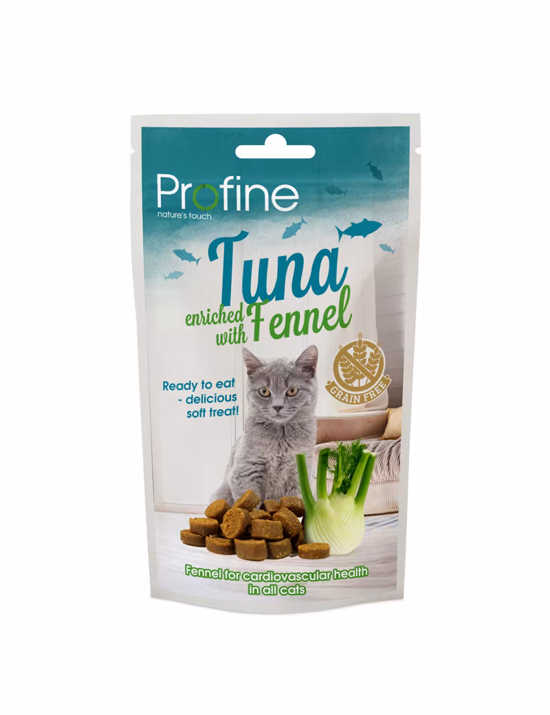 Framsidan av förpackningen för Semi Moist Snack Tuna & Fennel.