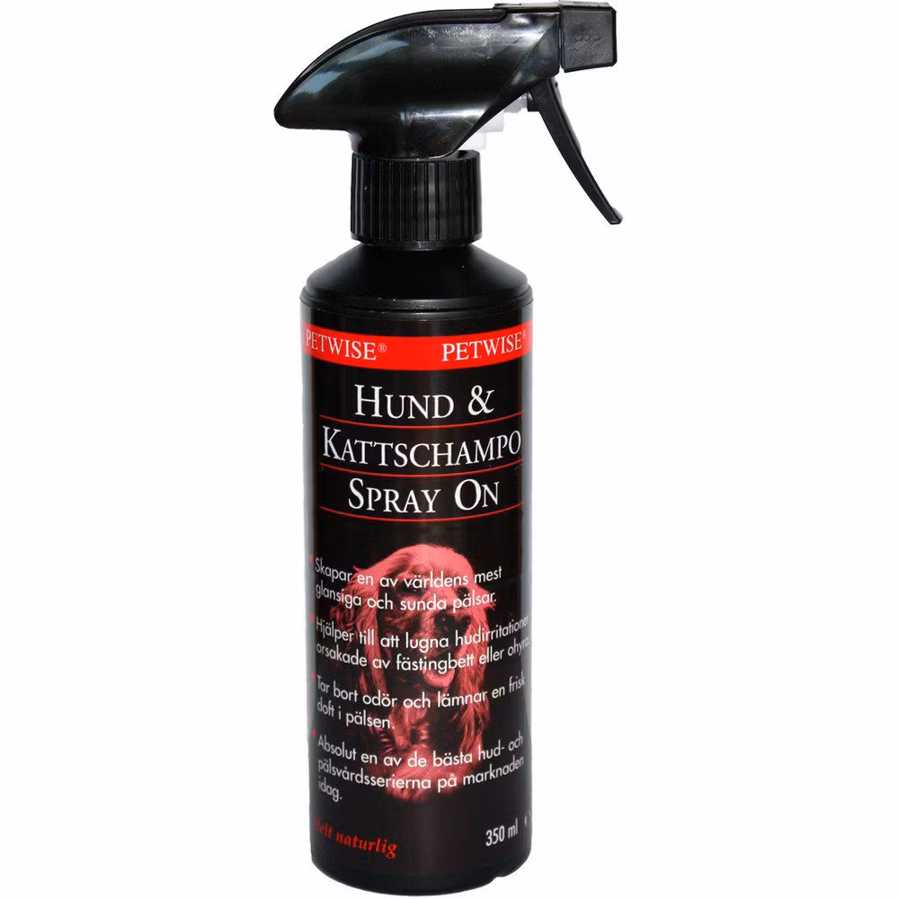 Framsidan av Petwise spray on katt- och hundschampo.