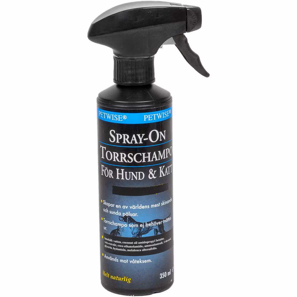 Framsidan av Petwise spray on torrschampo för katter och hundar.