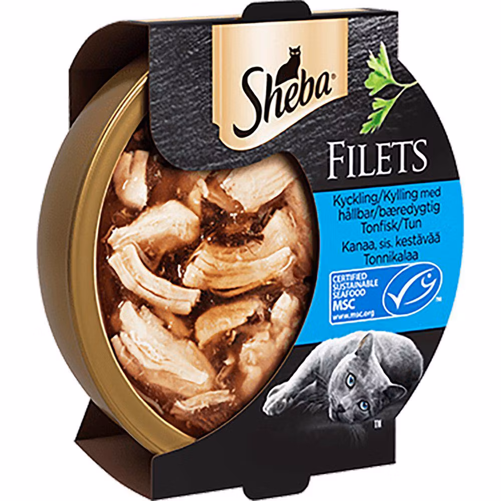 Framsidan av Sheba lyx kyckling och tonfiskfilé.