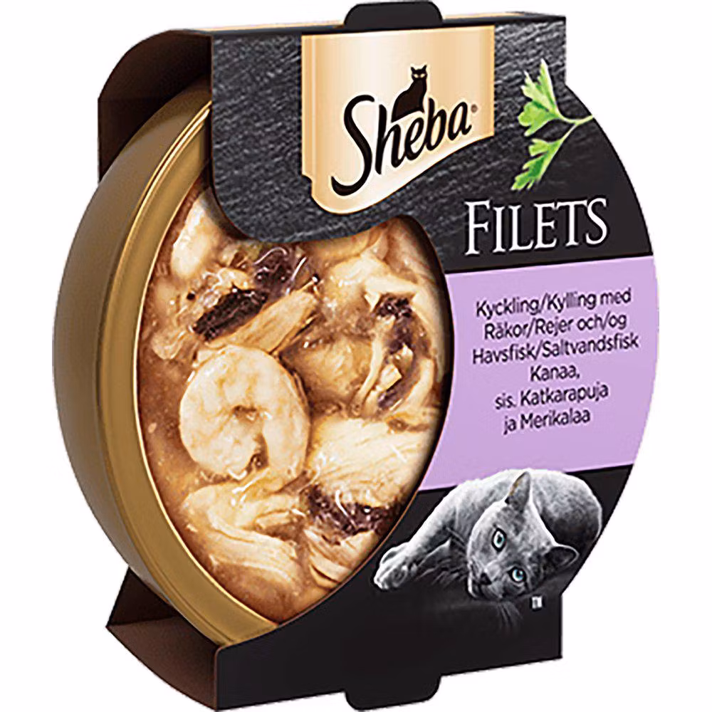 Framsidan av Sheba Lyx Kyckling & Räkor & Tonfiskfilé.
