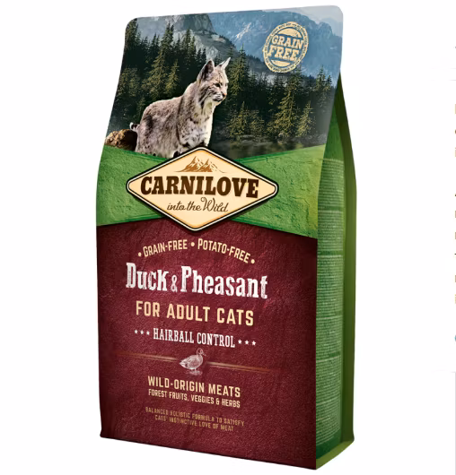 Framsidan av förpackningen för Carnilove Cat Duck & Pheasant Adult - 2 kg.