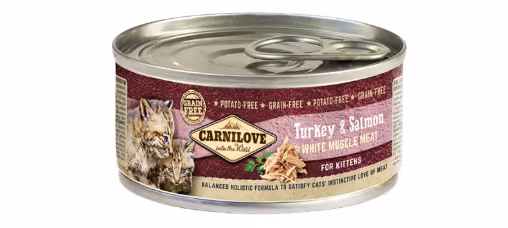 Framsidan av förpackningen för Carnilove Cat Turkey & Salmon Kitten - 100 gram.