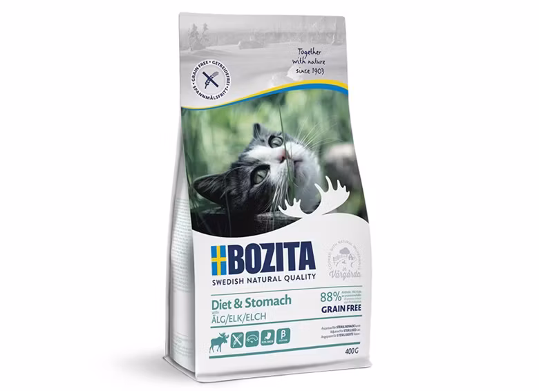 Framsidan av förpackningen för Bozita Diet & Stomach Grain Free Elk 400 g.