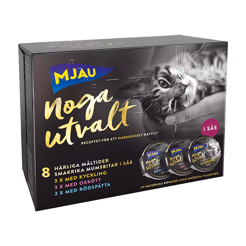 Framsidan av förpackningen för Mjau Noga Utvalt Multibox Mousse - Kyckling, Oxkött, Rödspätta.