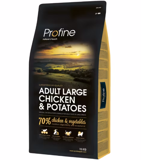 Framsidan av förpackningen för Profine Dog Adult Large Chicken & Potatoes - 15 kg.