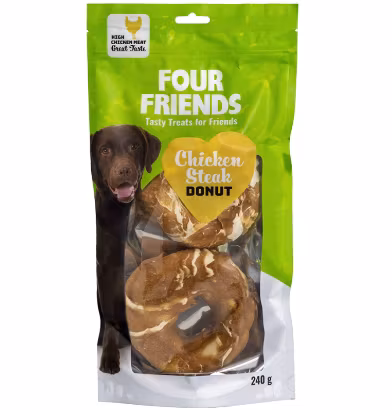 Framsidan av förpackningen för FourFriends Dog Chicken Steak Donut 2-pack.
