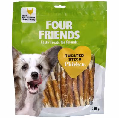 Framsidan av förpackningen för FourFriends Dog Twisted Stick Chicken 12,5 cm - 40 st.