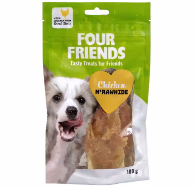 Framsidan av förpackningen för FourFriends Dog Chicken N´Rawhide - 100 gram.
