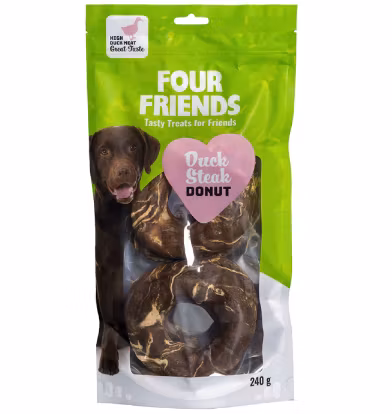 Framsidan av förpackningen för FourFriends Dog Duck Steak Donut 2-pack.