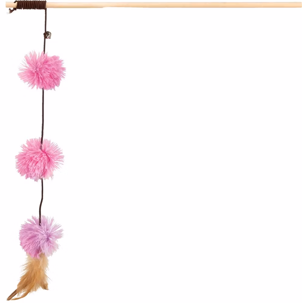 En kattvippa med tre stycken pom-pom-bollar.