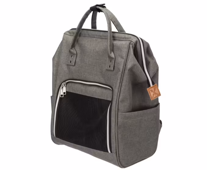 En grå ryggsäck för djur upp till 10 kg.