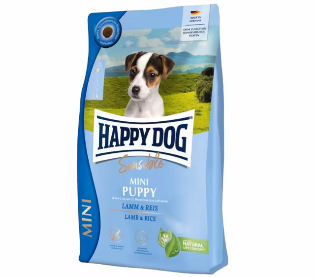 Framsidan av förpackningen för HappyDog Sensitive Mini Puppy Lamb & Rice.