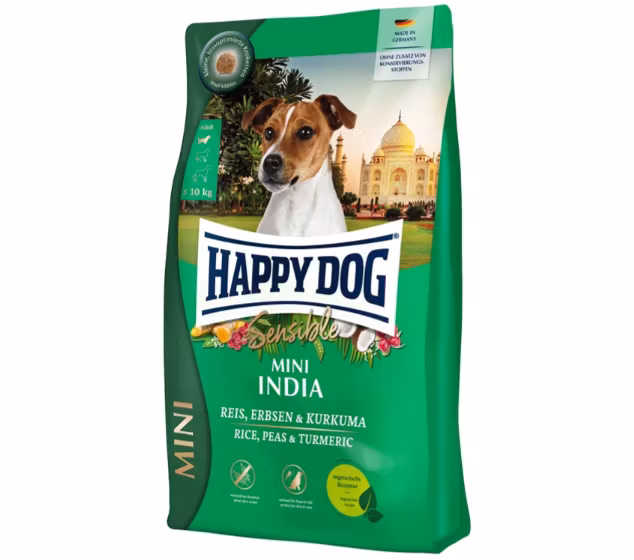Framsidan av förpackningen för HappyDog Sensible Mini India.