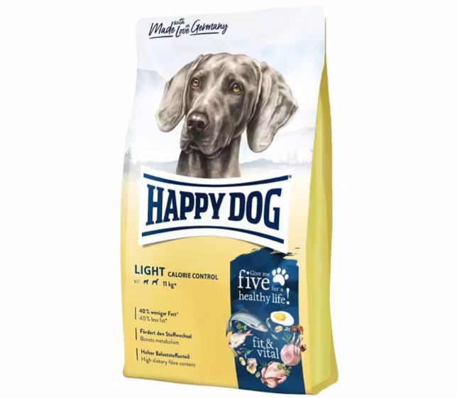 Framsidan av förpackningen för HappyDog Light gluten-free.
