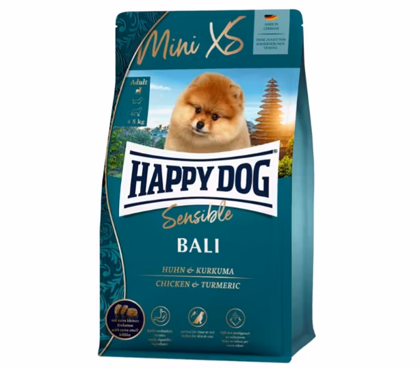 Framsidan av förpackningen för HappyDog Sensible Mini XS Bali GrainFree