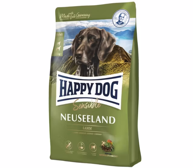 Framsidan av förpackningen för HappyDog Sensible Neuseeland.