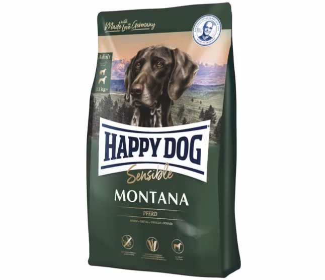 Framsidan av förpackningen för HappyDog Sensible Montana GrainFree.