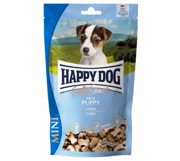 Framsidan av förpackningen för HappyDog Soft Snack Mini Puppy.