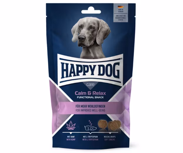 Framsidan av förpackningen för HappyDog Care Snack Calm & Relax.