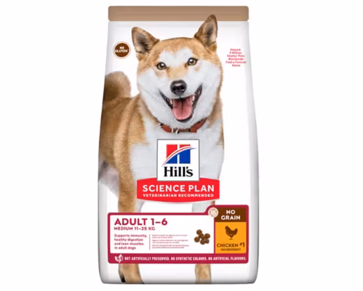 Framsidan av förpackningen för Hills Science Plan Canine Adult NoGrain Chicken.