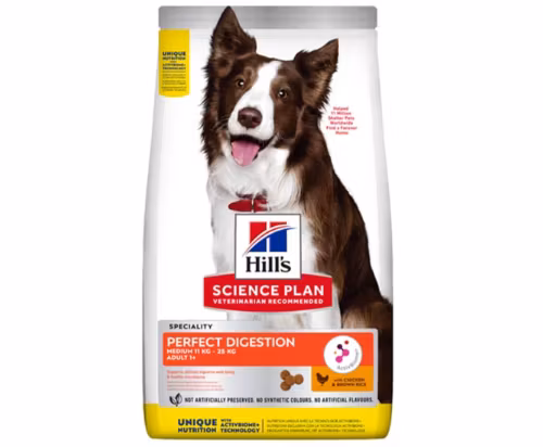Framsidan av förpackningen för Hills Science Plan Adult Perfect Digestion Medium Chicken & Rice.