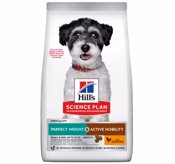 Framsidan av förpackningen för Hills Science Plan Adult Weight & Active Mobility Small