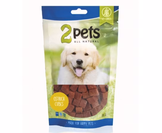 Framsidan av förpackningen för 2pets Dogsnack Ostrich/Struts Cubes.