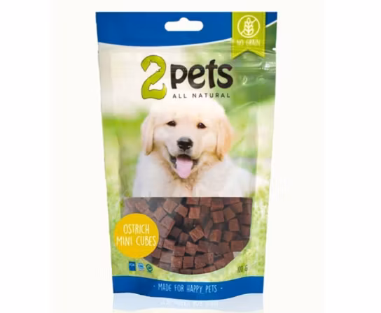 Framsidan av förpackningen för 2pets Dogsnack Ostrich/Struts MiniCubes - 100 g.