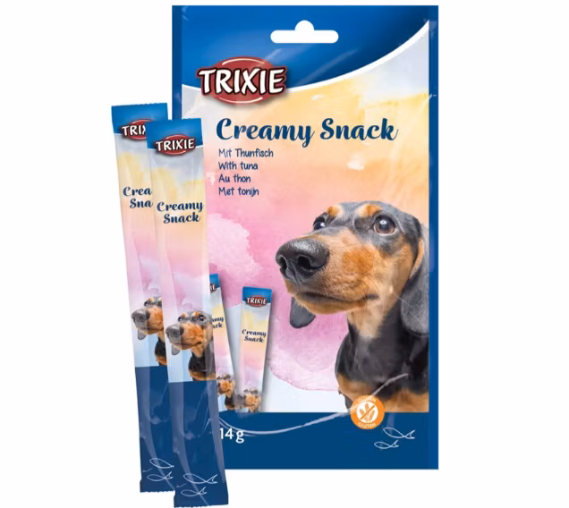 Framsidan av förpackningen för Creamy Snacks Hund Tonfisk.