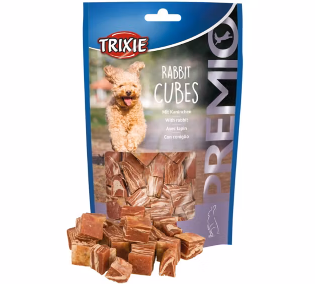 Framsidan av förpackningen för PREMIO Rabbit Cubes - 100 g.