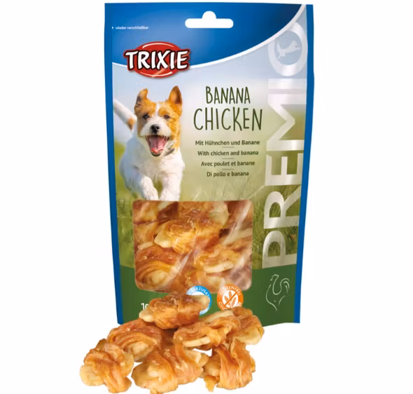 Framsidan av förpackningen för PREMIO Banana Chicken - 100 g.