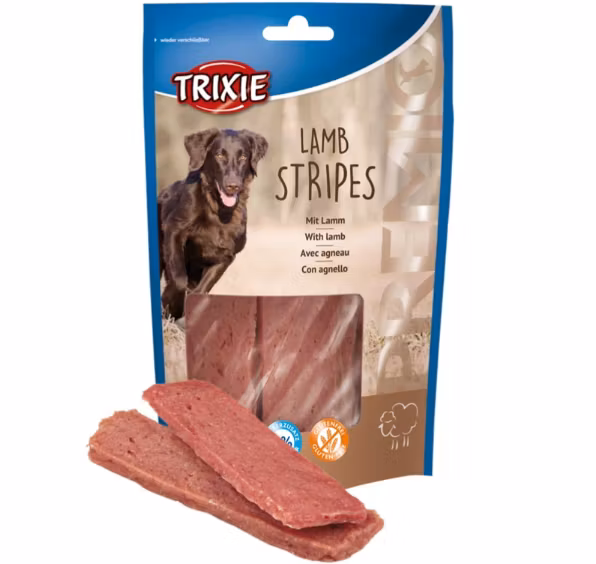 Framsidan av förpackningen för PREMIO Lamb Stripes - 100 g.