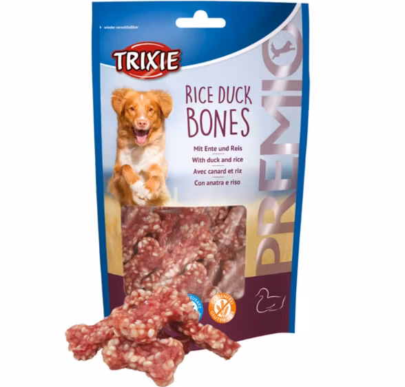 Framsidan av förpackningen för PREMIO Rice Duck Bones - 80 g.
