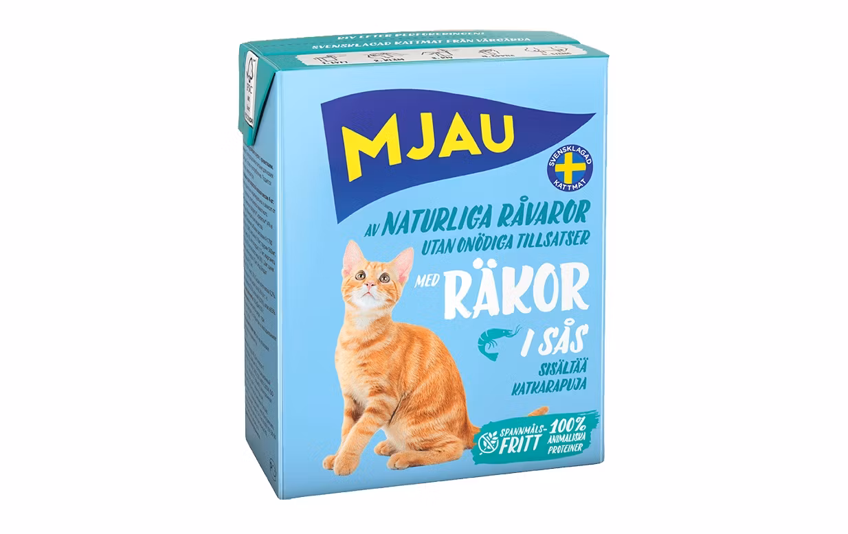 Framsidan av Mjau bitar i sås med räkor.