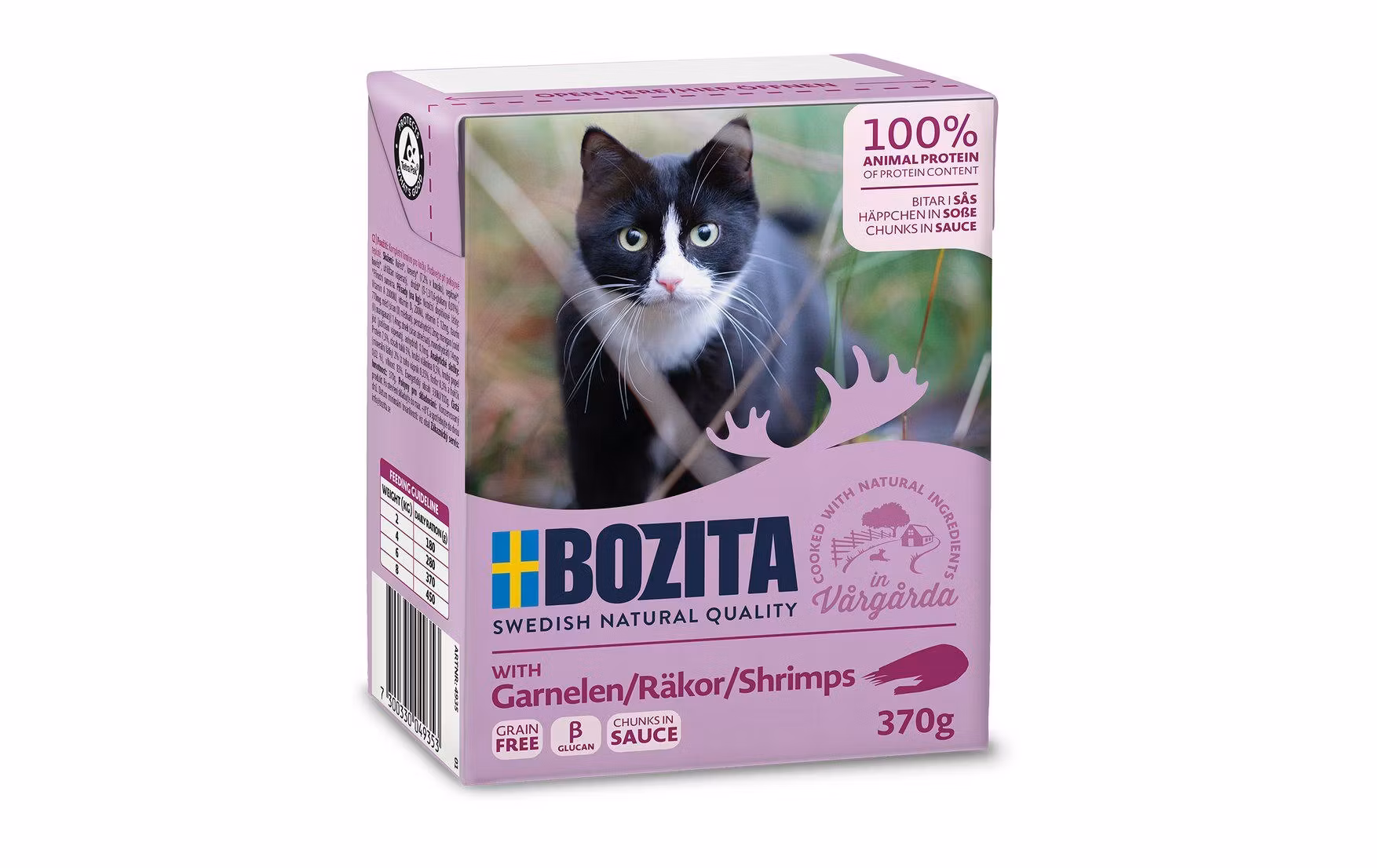 Framsidan av Bozita Katt Tetra Bitar i Sås Med Räkor.