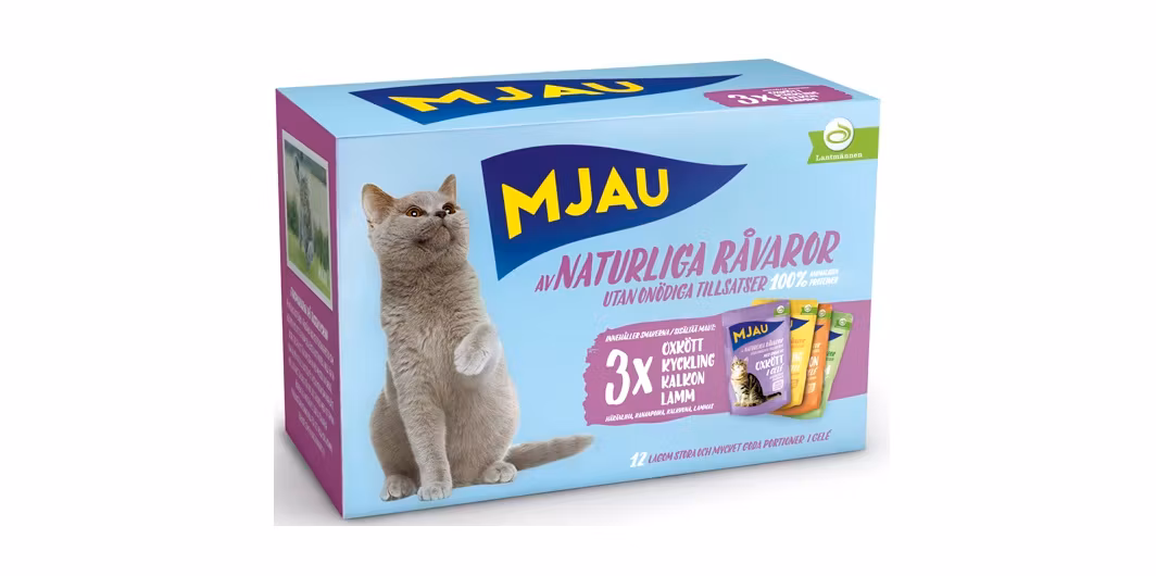 Framsidan av Mjau Multipack Kött i Gelé - 12x85 gram.