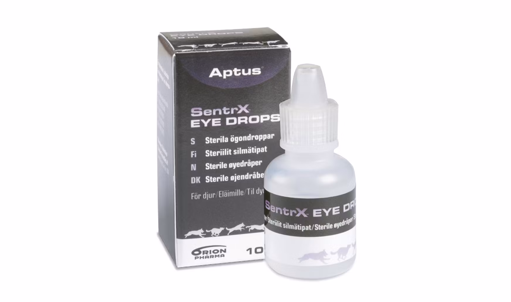 SentrX Eye Drops och dess förpackning.