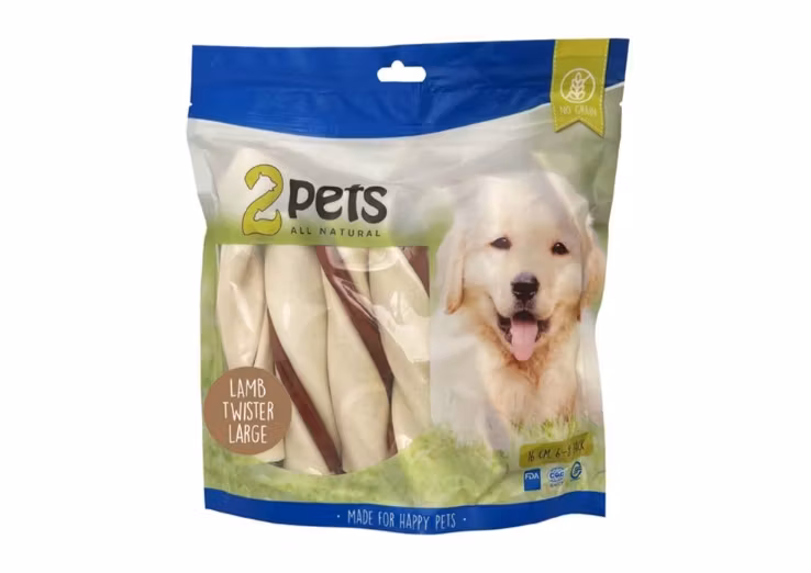 Förpackningen med 2pets tuggtwister med lamm.