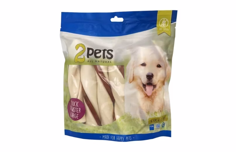 Framsidan av 2pets tuggtwister med ankfilé.