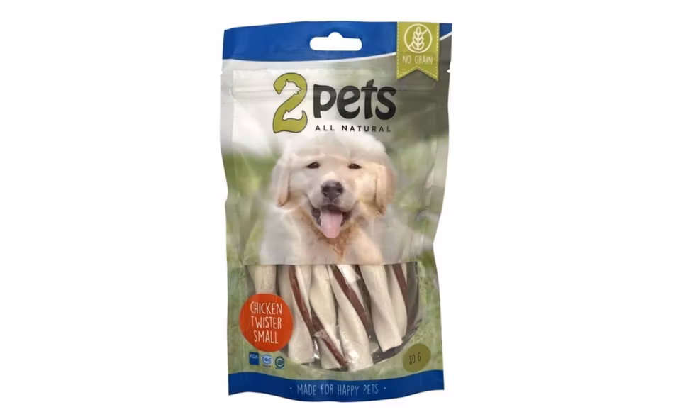 Framsidan av 2pets tuggtwister med kycklingfilé.