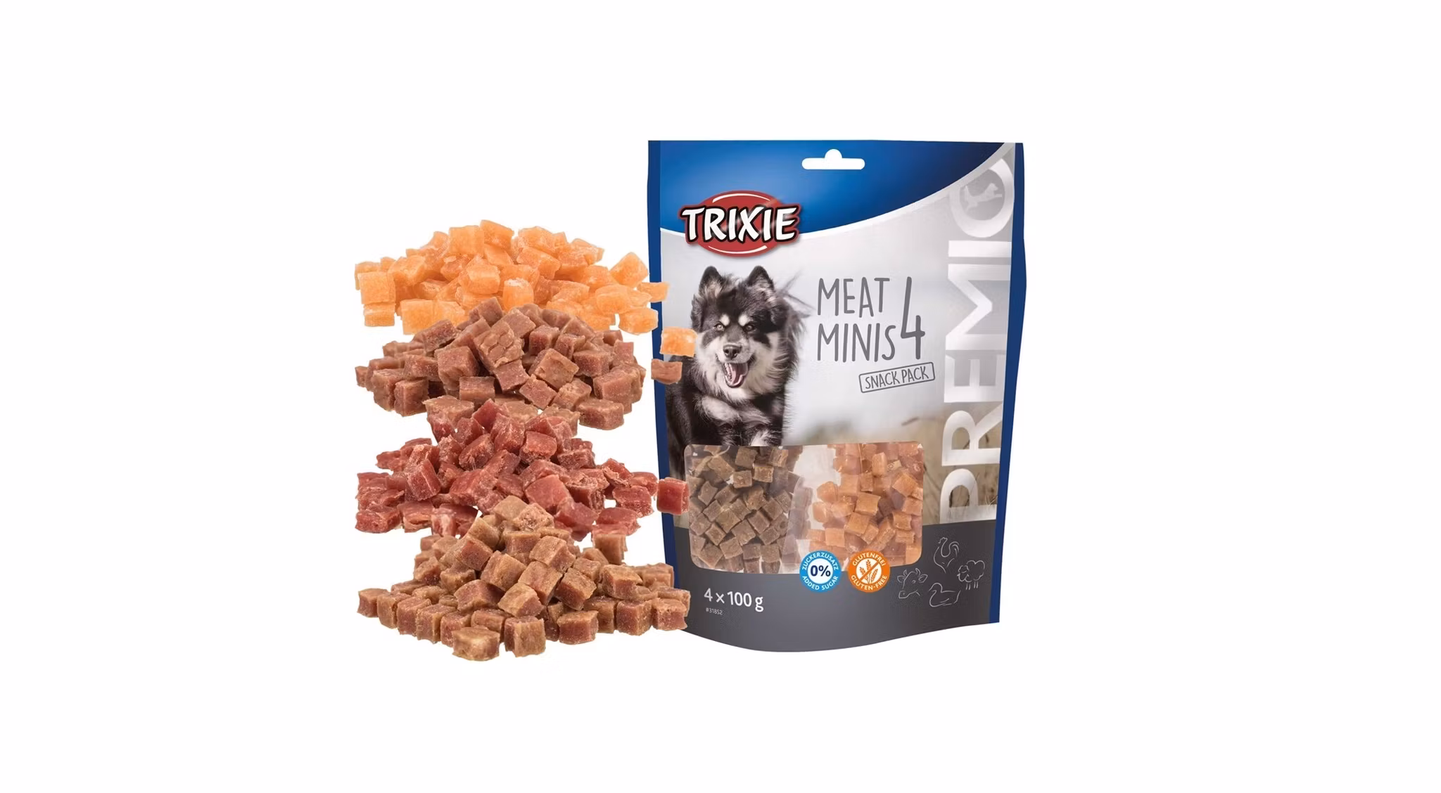 Framsidan av PREMIO 4 Meat Minis - Kyckling, Anka, Nöt, Lamm.