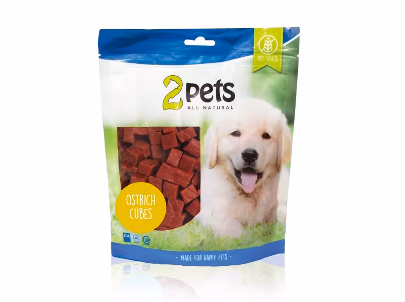 Framsidan av 2pets Dogsnack Ostrich/Struts Cubes.