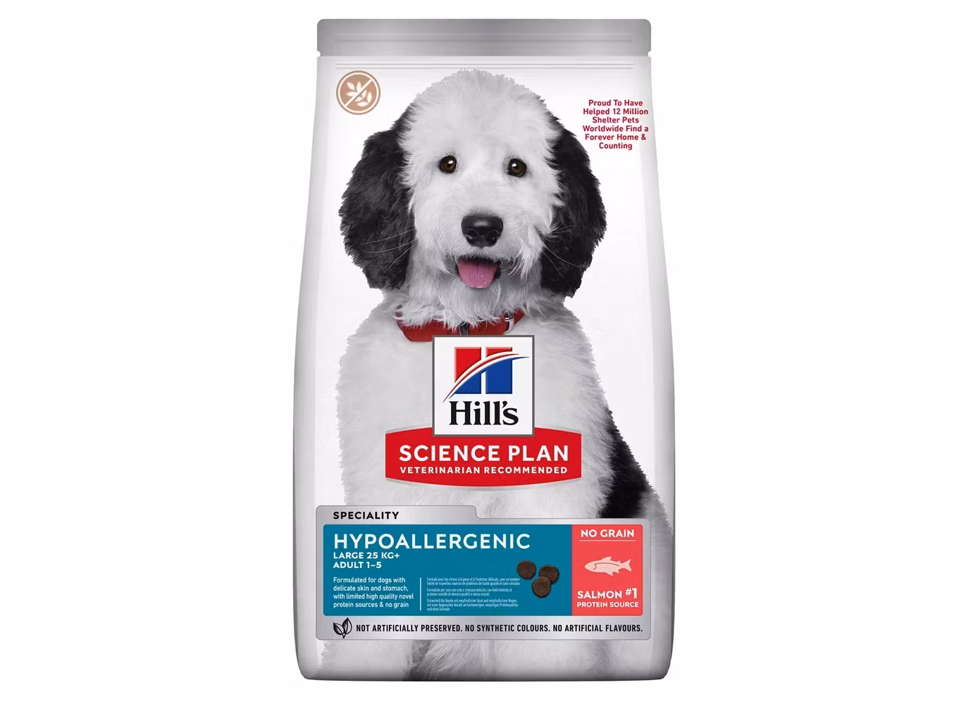 Framsidan av förpackningen av Hills Science Plan Adult Hypoallergenic Large Breed Salmon.