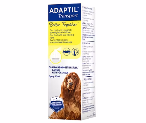 Framsidan av förpackningen av Adaptil Transport Spray med 60 ml.