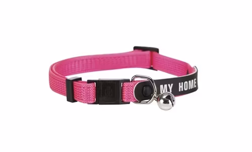 En rosa katthalsband med namnflik.