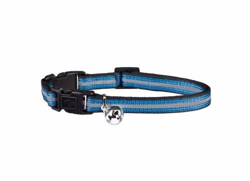 Ett blått katthalsband med säkerhetsspänne.