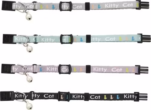 Fyra stycken halsband för kattungar, med texten "Kitty cat". Alla har olika färger.